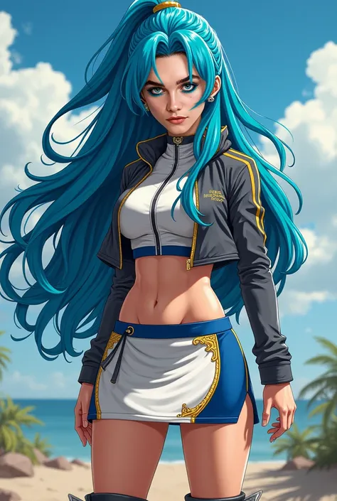 hair:  Olivia has long hair , of a bright blue color ,  with soft waves that fall down to the middle of her back .  Her hair style is slightly disheveled ,  with some tufts hanging over her face and others collected in a low ponytail.

rostro:  She has a d...