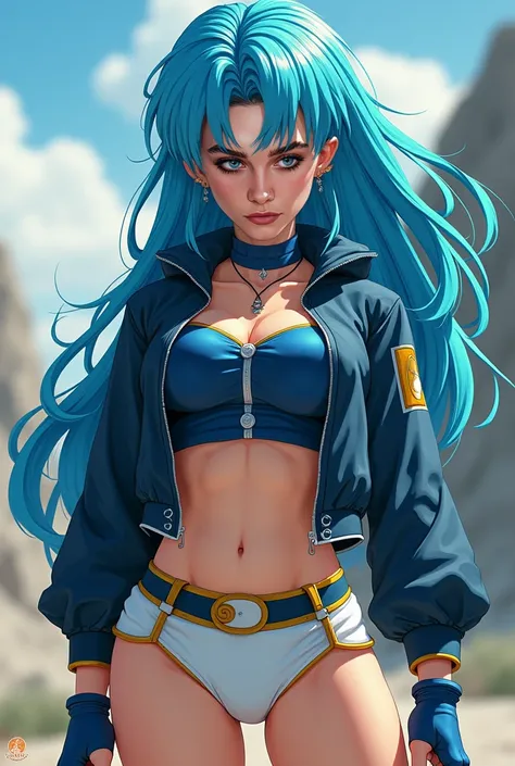 hair:  Olivia has long hair , of a bright blue color ,  with soft waves that fall down to the middle of her back .  Her hair style is slightly disheveled ,  with some tufts hanging over her face and others collected in a low ponytail.

rostro:  She has a d...