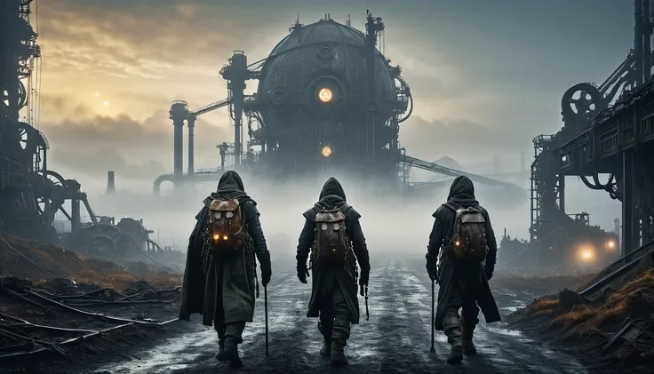 in close-up, two explorers walking through a misty industrial landscape, viewed from behind. The first wears a tattered cloak with metallic chains and a rounded helmet, while the second carries a long staff and wears rugged, padded clothing. In the backgro...