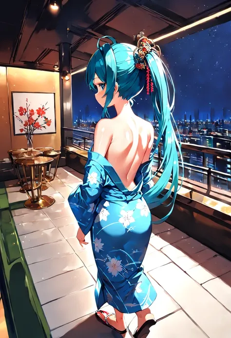 (hatsune miku:1.2), (gleaming skin, shiny skin:1.4), (yukata, bare shoulder, bare back:1.4), (japanese sandals:1.4), (cowboy shot:1.4), (from behind:1.4), (luxurious penthouse, indoor rooftop pub:1.4), (midnight:1.4),