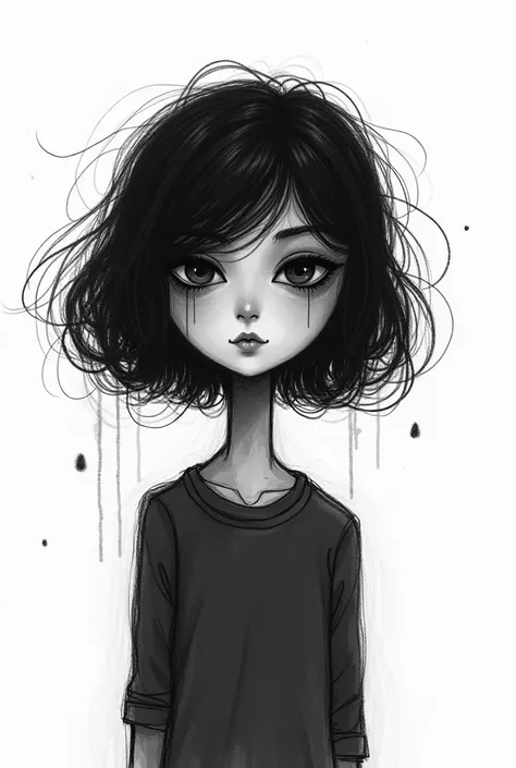 Make a SIMPLE abstract black and white drawing , scribbled,  of a girl with short hair BELOW her shoulder A BIT WAVY, don&#39;t show her face. I want something to convey love and strangeness  