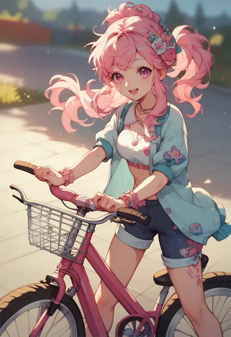 cute anime girl, pink hair, pink eyes, ride bicycle, shining nikki character