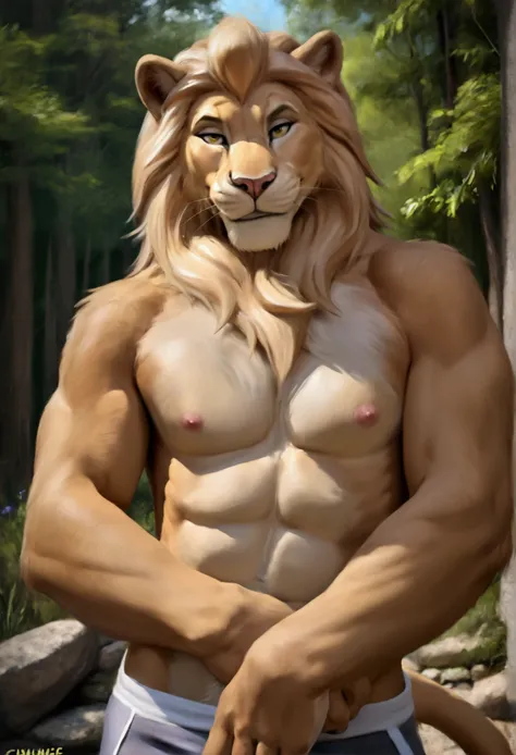 4k, high resolution, best quality, perfect colors, perfect shadows, perfect lighting, posted on e621, furry body, solo, medium full shot, anthro male, lion, colored fur, fluffy fur, yellow eyes, lean body, anthropomorphic lion, femboy, muscle, bara,  ,male...