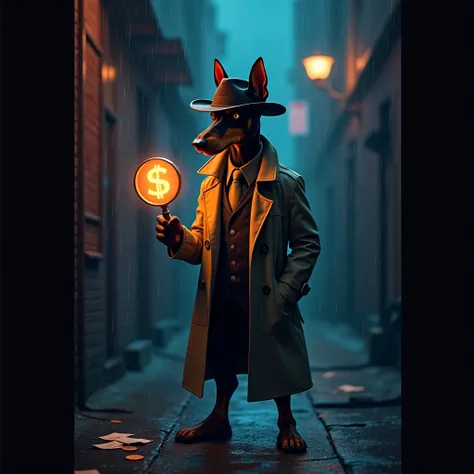 A hyperrealistic image of a Doberman with a human body, wearing a trench coat and fedora, holding a magnifying glass with a glowing $DOBER logo inside it. He’s standing in a rainy, neon-lit alleyway at night, with clues scattered on the wet ground. The atm...