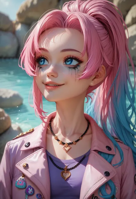 - Zoe(Palworld), 1 girl, One, jacket, pink jacket, ponytail, Blue hair, Multicolored hair, Highlighted hair, Smile, Jewelry, Has, looking away, necklace, Blue eyes, crop top, lots of decorations, triangular chin, pointed chin, big eyes, bright makeup, long...