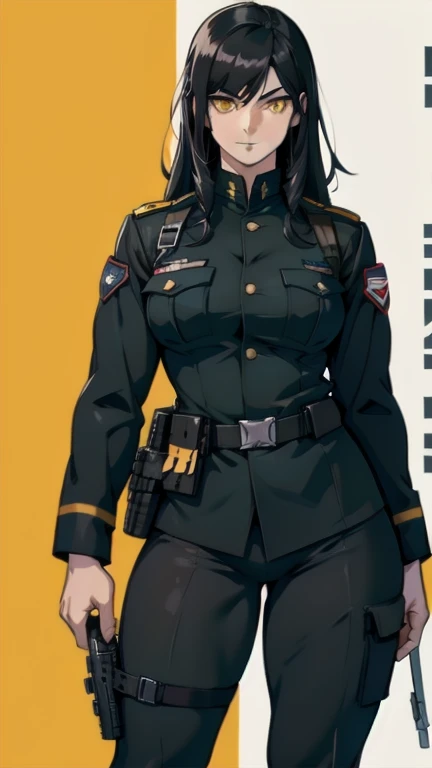 muscular girl thick black hair yellow eyes pale thick breasts holster sad ((black military uniform))