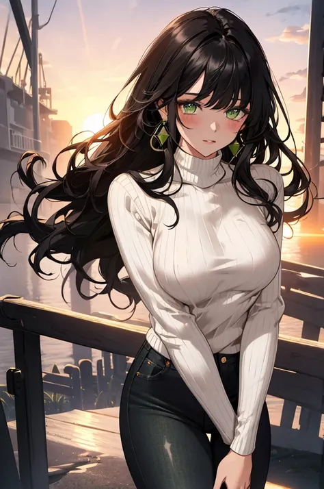 (top quality, masterpiece, high quality, ultra-delicate), ((beautiful adult woman)), ((Dark black hair)), mature, graceful curves, (long hair, long bangs), ((bright green eyes)), detailed eyes, modern clothing, bangs, fashionable clothing, ((SkinTight Whit...