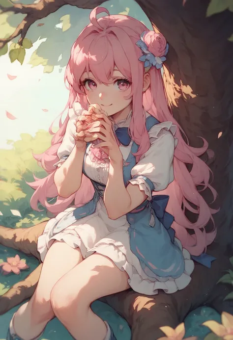  cute anime girl, long straight pink hair, pink eyes, shining nikki character, sit under sakura tree