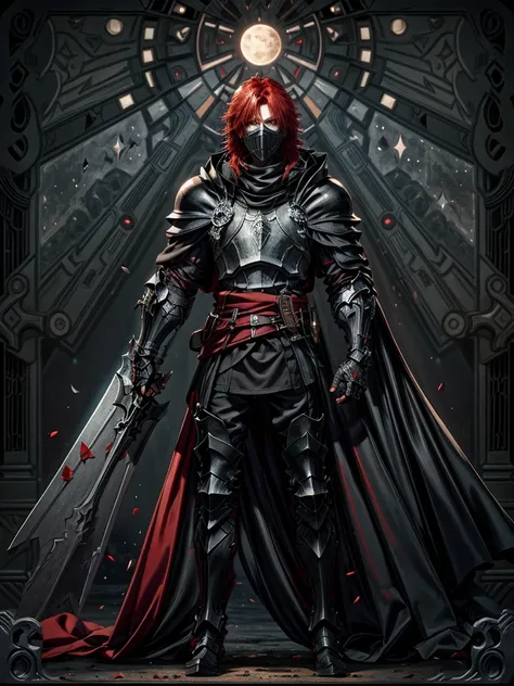 Red-haired male black black knight ,Totally black iron mask with moonlight in the background