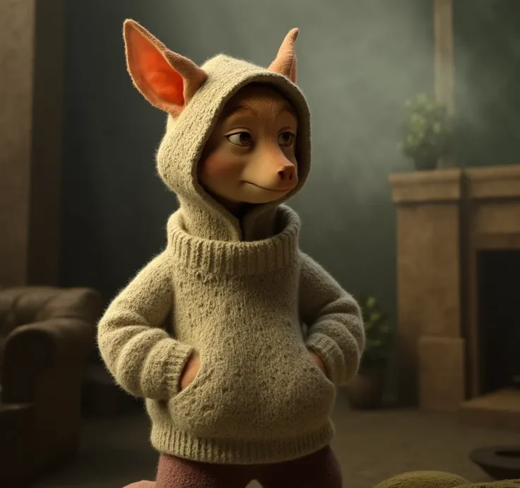 A strange and unusual animal in a sweater stands and looks sideways with his hands in his pockets