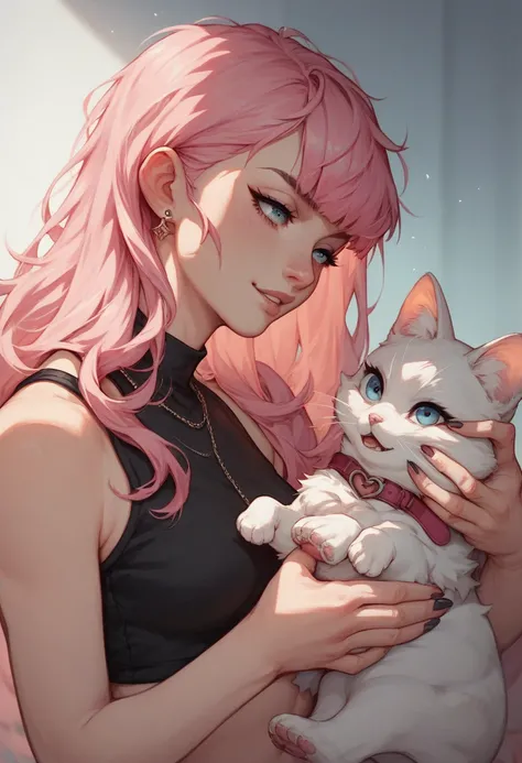  a young woman with pink hair, Medium bangs ,  long hair, wearing a black top,  she is with two cats , A love scene , fofo