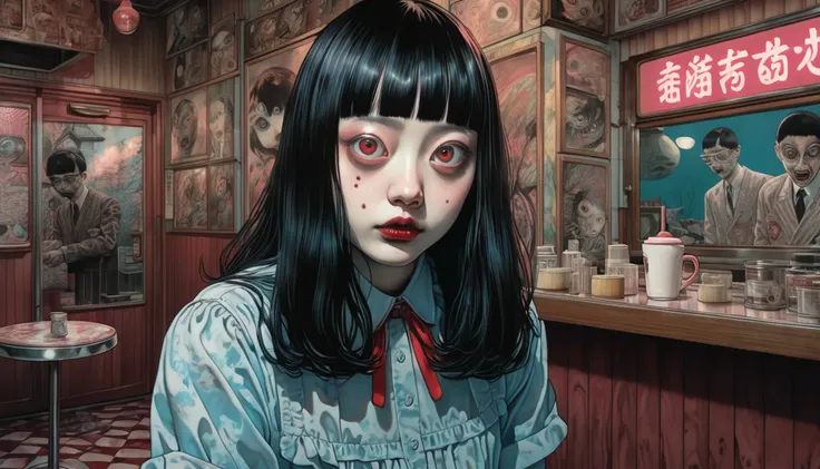 An illustration、art、Horror, Supervised by Junji Ito、Attention to detail, Realistic shadows、Analog Style, chromatic aberration, Surrealism、Cafe