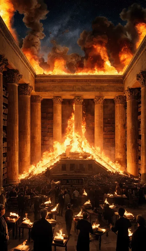  A dramatic view of the Library of Alexandria being consumed by enormous flames. Scrolls and books flying in the air ,  some falling to the ground as smoke covers the night sky . 