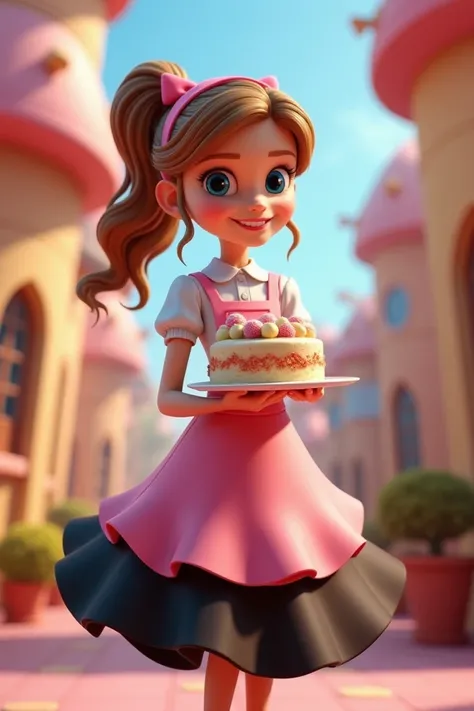 Pixar-inspired 3D poster, 19-year-old light-brown-haired blue-eyed white-skinned woman wearing a confectioners outfit with a long pink and black skirt holding a cake with a radiant smile