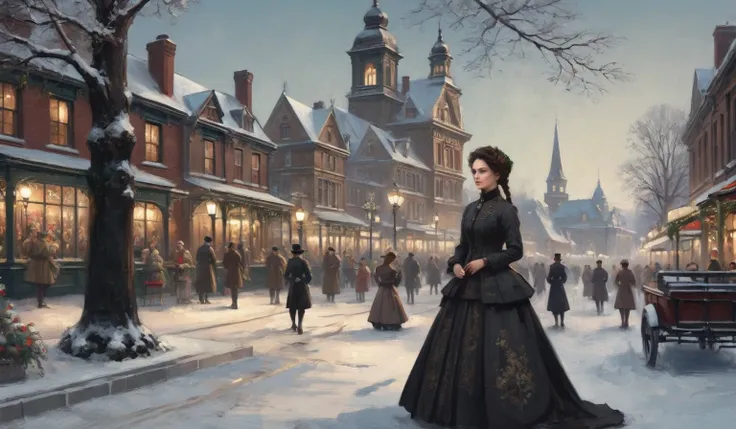 a beautiful Lady, victorian christmas. stunning. snow, tree. town. Official Art – Charecter profile. An Award-Winning Digital Masterpiece In 4K Ultra HD, Extreme Detail And Intricate Realism. Symmetrical Face. This Concept Art Brought To Life By The Hands ...