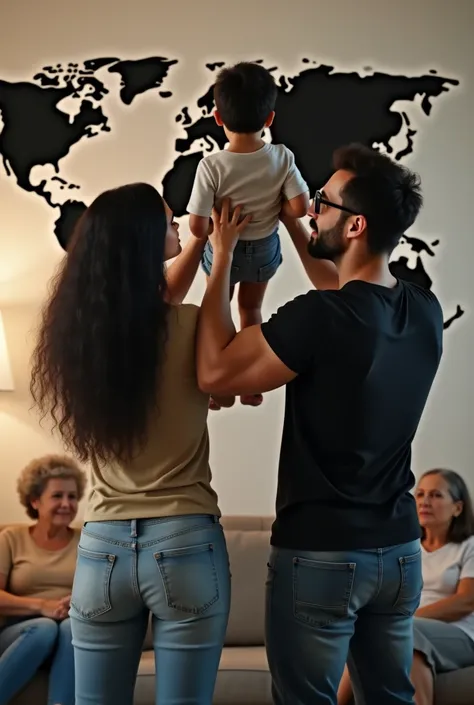  white woman with curly black hair at shoulder height next to a muscular man with short black hair wearing prescription glasses and wearing a short sleeve black shirt and jeans lifting a  black short-haired boy upwards, Scene from the back, everyone in a l...