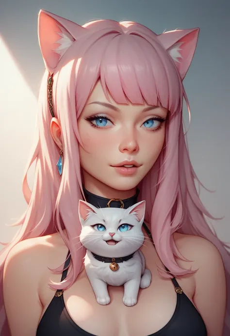 A masterpiece, a cat on the head of a young woman with pink hair, Medium bangs ,  Split Fringe,  long hair, wearing a black top,  medium breasts, top neckline, ela está com two cats, A love scene , fofo, two cats, A black cat,  a white cat ,  Perfect Anato...