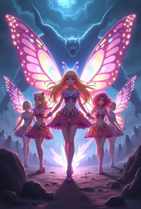 Crée une image de cinq tenues de magical girl, elles ont des ailes de papillons.
Et elle se battent dans un monde de cauchemar contre des monstres 