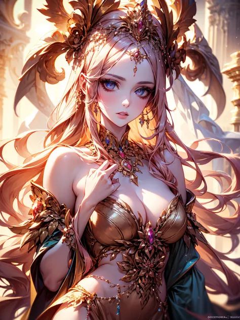 (best quality,ultra-detailed) A goddess with (detailed eyes and face), featuring (beautiful detailed lips) and (flowing hair) stands in a (ethereal atmosphere). Her (divine beauty) is enhanced by the use of (vivid colors) and (soft lighting). This masterpi...