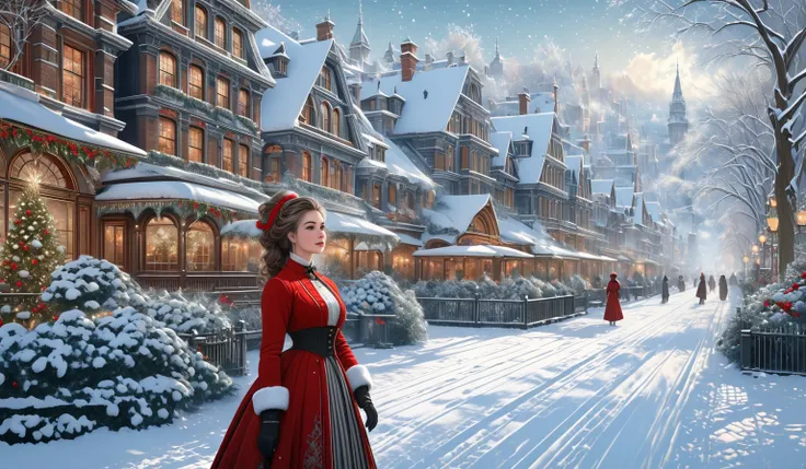 a beautiful Lady, victorian christmas. stunning. snow, tree. town. Official Art – Charecter profile. An Award-Winning Digital Masterpiece In 4K Ultra HD, Extreme Detail And Intricate Realism. Symmetrical Face. This Concept Art Brought To Life By The Hands ...