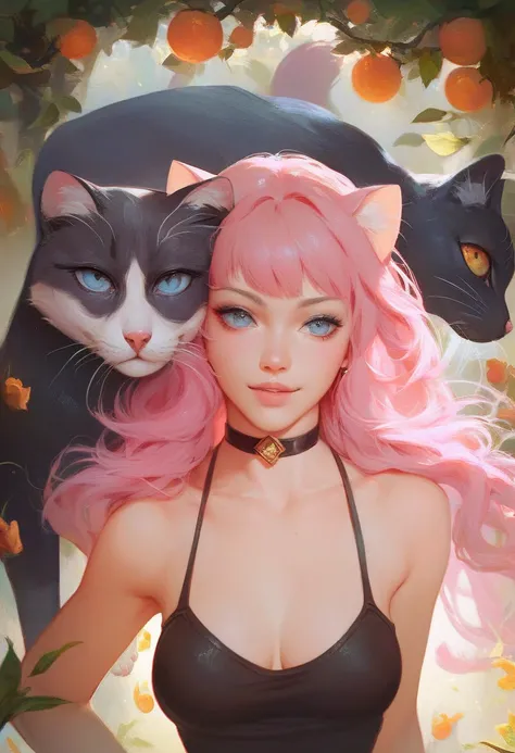 A masterpiece, a cat on the head of a young woman with pink hair, Medium bangs ,  Split Fringe,  long hair, wearing a black top,  medium breasts, top neckline, ela está com two cats, A love scene , fofo, two cats, A black cat,  a white cat ,  Perfect Anato...