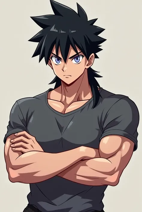 anime guy. pumped up. piercing.  black hair. Mullet hairstyle .  Purple eyeliner on the eyes. Wearing a tight grey t-shirt .  arms crossed over his chest .