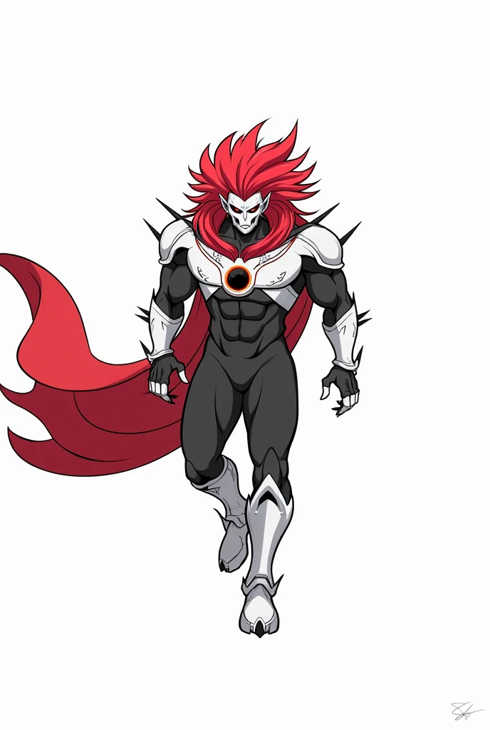  Create a villain based on the Sega character (Infinite The Jackal)  and the Marvel villain  (Mystirio ) Humoid , muscular,  long ruffled red hair and technological