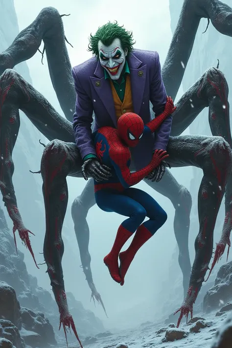 Spiderman climb over the defeat defeat giant joker 8 legs bleeding photo snow