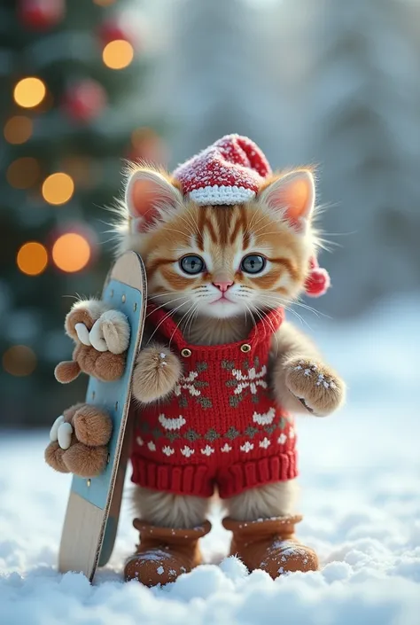 Fluffy Kitten carrying a snowboard. Wearing a knitted christmas floral overall and winter snow boots, Christmas lights and a Christmas tree in background