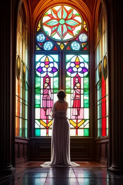 anime character, suspense and mystery anime scene , showing Eric, an investigator, inside a temple looking at the statue of the goddess of fertility and sexuality Guoyuu, she is a beautiful woman, behind There is a stained glass window with its symbol