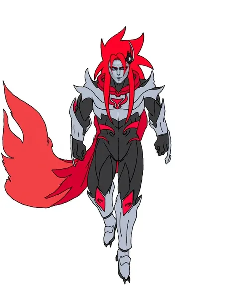  Create a villain based on the Sega character (Infinite The Jackal)  and the Marvel villain  (Mysterio) Humoid , muscular,  long ruffled red hair and technological