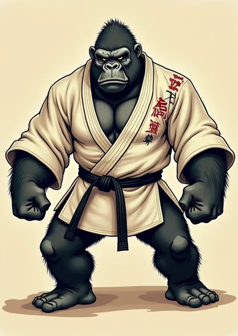 Old-school image of a gorilla wearing a jiu-jitsu kimono