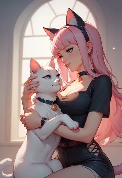 A masterpiece, a cat on the head of a young woman , She has long hair , pink hair, Medium bangs , she is wearing a black top,  medium breasts, top neckline, ela está com two cats, A love scene , fofo, two cats, A black cat,  a white cat ,  Perfect Anatomy ...