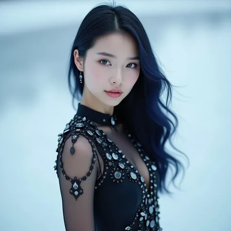 Foto de  full body,  by a woman named Marie , Beautiful 26-year-old , Korean,  with delicate skin ,  with long navy blue hair and long wavy dark blue locks, she is on an ice skating field ,  wearing black skating clothing with ice shards and black crystals...