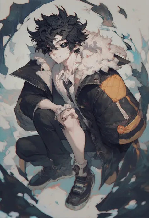 1boy, Black hair, short hair, messy hair, Black Double breats coat,Full body,Black eyes, Black sclera, pale skin, Darknees background, anime style,