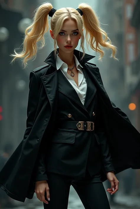 a girl in a tuxedo in a black raincoat with blonde hair and two ponytails in a dynamic pose