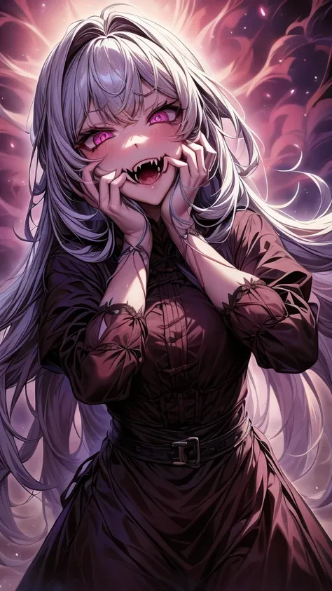 -masterpiece- -anime style- -dark- A cute woman with bright pink eyes, white hair, long fangs, dressed as a peasant girl in dark clothes, threatening expression. hands on face, laughing maniacally, doing fuck you with his hand
