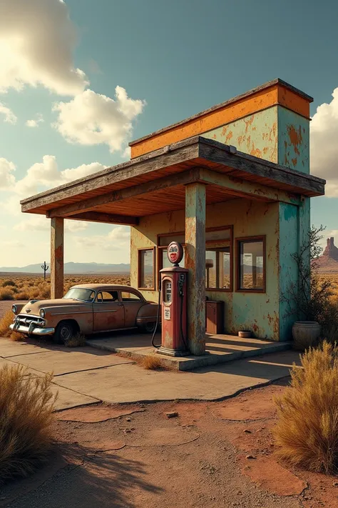 
**Title:** *Weathered Americana: Route 66 Relic***Description:** Create an 8K high-resolution image capturing an abandoned gas station along historic Route 66, bathed in golden-hour light. The scene should evoke a nostalgic atmosphere, highlighting the in...