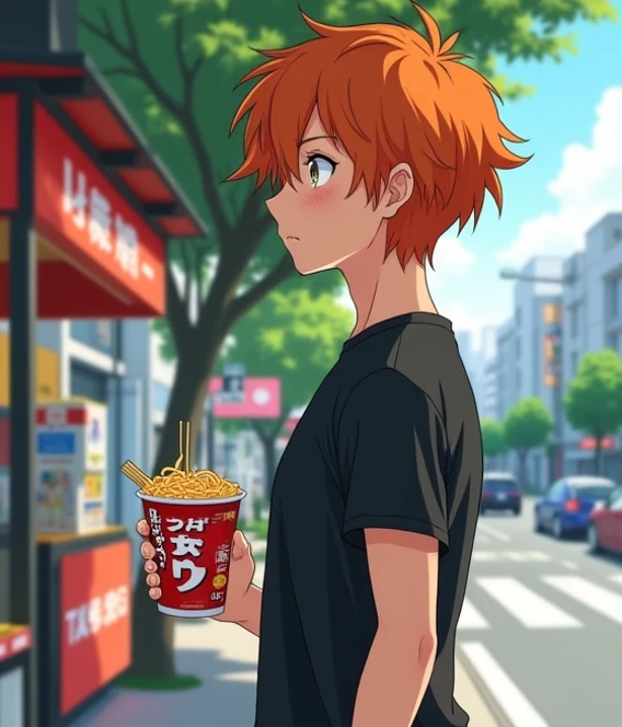  An 18-year-old anime-style man , To Love Ru,  standing next to an instant noodle stand on the sidewalk with trees around it,  there are few cars on the street and people in the surrounding area in the city of Tokyo during the day, she measures 1. 78 cm hi...