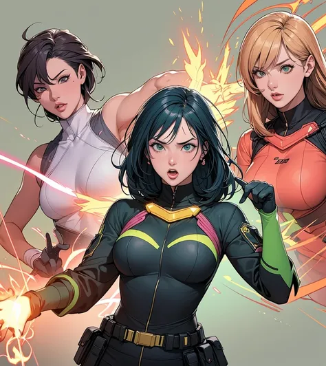 A brave and daring image of the six-woman Ranger team, Each is decorated with the following vibrant colors:: neon pink, mustard Yellow, Fire engine red, plasma violet, Fluorescent Green, shocking yellow. A dynamic pose with a background that oozes energy a...