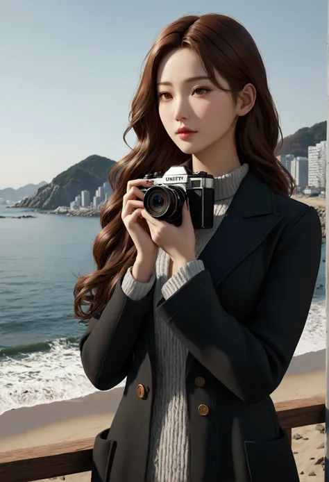 (чрезвычайно подробные обои CG unity 8k)  Extremely realistic image of Beauty on the Busan Shore,  in the distance you can see the architecture of Busan ,  Upper body ,  seductive glamorous figure ,  long brown hair , realistic skin texture, realistic clot...