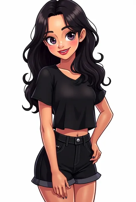 Jenna Ortega,Wednesday ,(cartoon style:1.2), Drawings of ([Jenna Ortega]), portrait, wearing black t-shirt, short skirts, perfect eyes, detailed face, white background, fun posing, flirty look, Centered, scale to fit the dimensions