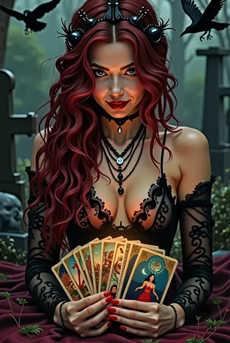  Make an image to put on the cover of the highlights of my Instagram of a Gypsy deck.  Place fan-shaped cards close to the eye of a woman with a strong look . Woman with very dark red hair almost burgundy and very sensual . She is brown and very sexy and e...