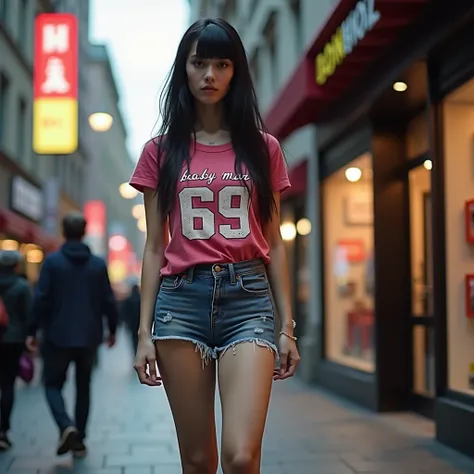 Solo,  professional photos 4K  ,  They have a surface like glazed tiles., fine eyes , Black hair,She wore a bright dark pink top with a graphic print. "baby man 69" , Bright Color Fluorescent Font, And the old shorts were missing ,  was looking straight at...