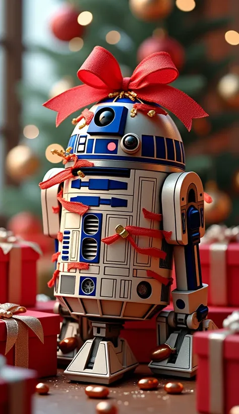 R2-D2 wrapped entirely in colorful ribbons, with a large red bow tied on top of its head. The droids body is decorated with shiny and glittering details, standing among gift boxes and festive party decorations. A playful and humorous scene with vibrant col...