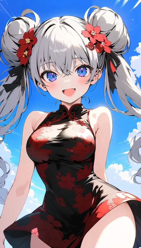 (nsfw:1.5), 1girl, solo, sexy girl, 18 years old, long hair, looking at viewer, happy, closed mouth, hair ornament, hair between eyes, bare shoulders, twintails, Floating hair, large breasts, (cowboy shot:1.5), grey hair, hair ribbon, :d, detached sleeves,...