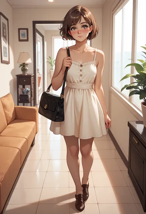 Solo female, nerdy, brown hair, short hair, thin gladses, living room, casual, slender build, sundress, brown sundress, leather shoes, brown shoes, purse, black purse, soft, blushing, pov