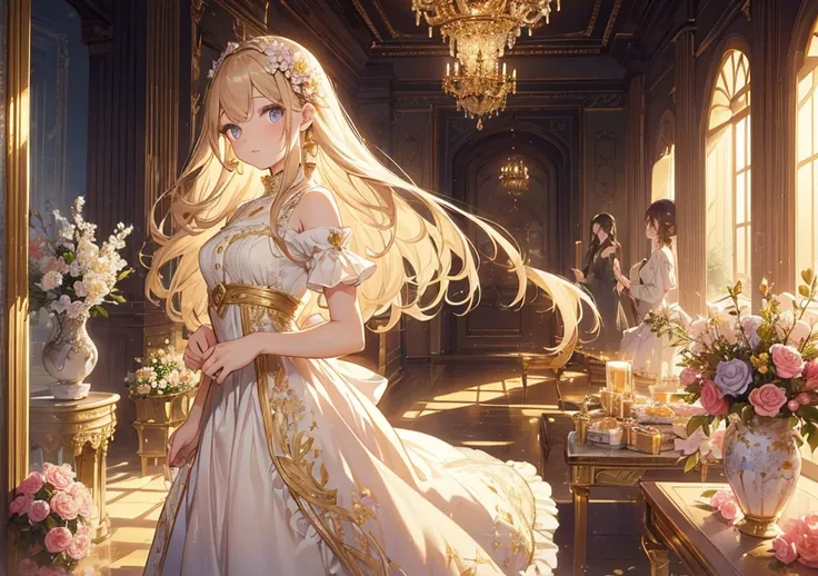 A serene girl with the delicate facial proportions of the uploaded image, exploring an opulent boutique with soft golden lighting. She wears an intricately embroidered pastel dress, her hair styled with ribbons and flowers, and the scene feels light and ai...