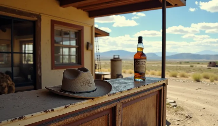 old gas station on the counter there is a cowboy hat, a bottle of whiskey,