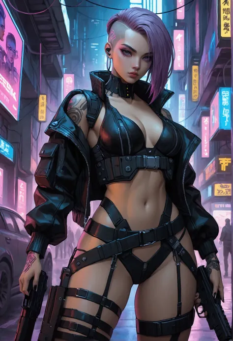  A beautiful and sexy girl with a gun, cyberpunk style 